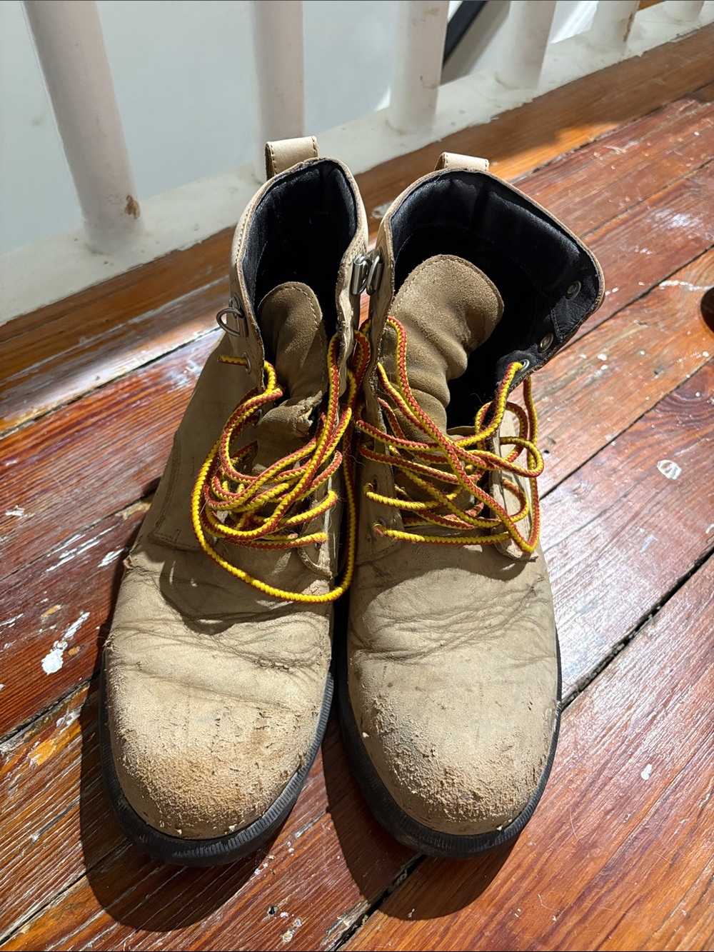 Sorel Men's Tan Suede Work Boots with Yellow and Orange Laces